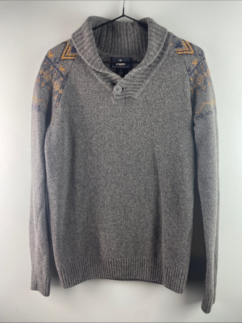 Mavi Gray V-Neck Shawl Collar Wool Sweater Size S